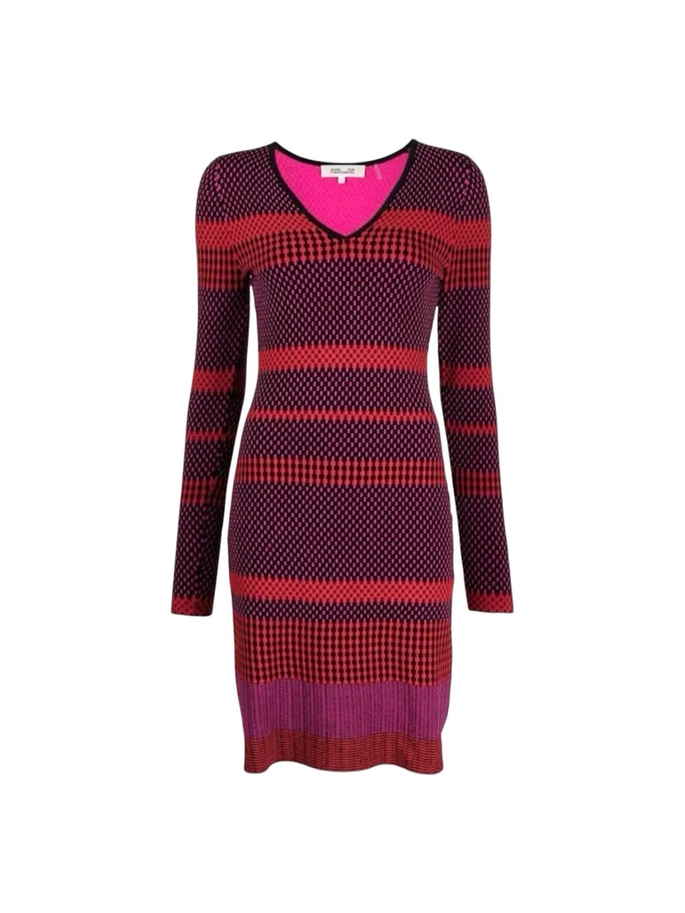 Diane Von Furstenberg DVF Stripped V-Neck Long Sleeve Dress in Red, Black XL